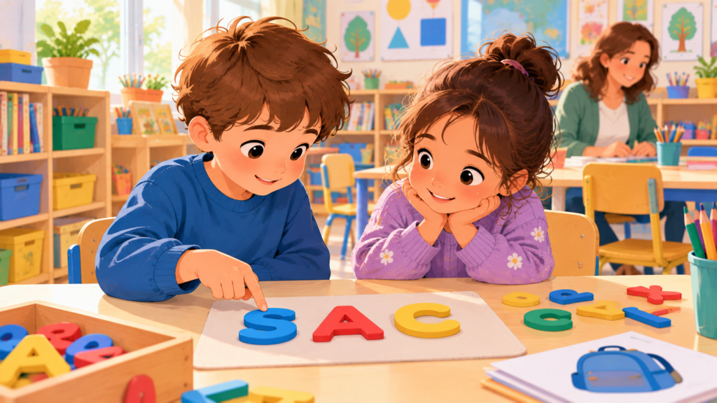 Deux enfants de grande section qui jouent avec des lettres mobiles dans leur classe de maternelle.