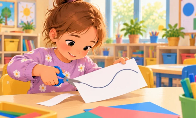 Enfant de moyenne section découpant une ligne courbe avec des ciseaux scolaires, en tenant le papier de l’autre main.