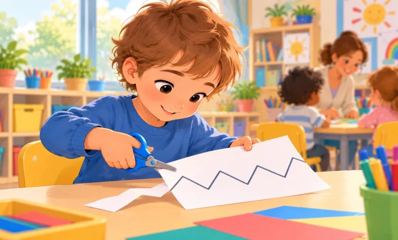 Enfant de moyenne section découpant une ligne en zigzag avec des ciseaux scolaires sur une feuille tenue de l’autre main.