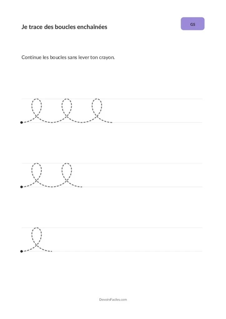 Aperçu de la fiche A4 Je trace des boucles enchaînées en grande section : trois pistes de boucles avec guidage décroissant.