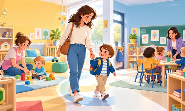 Un parent accompagne son enfant de la crèche vers une classe de petite section