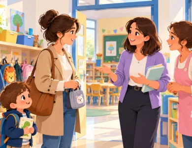 Un parent échange avec une enseignante et une ATSEM dans une école maternelle, en présence de son enfant.