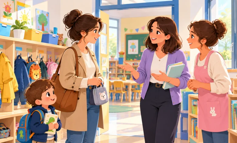 Un parent échange avec une enseignante et une ATSEM dans une école maternelle, en présence de son enfant.