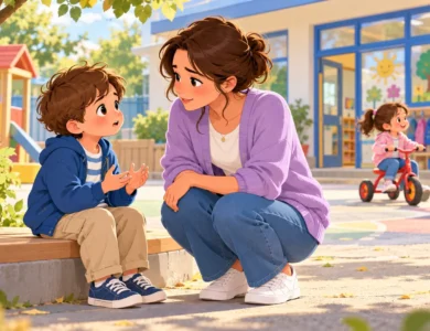 Une enseignante écoute un jeune enfant dans la cour de l’école maternelle.