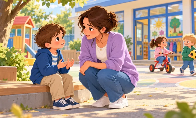 Une enseignante écoute un jeune enfant dans la cour de l’école maternelle.