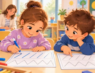 Enfant de moyenne section traçant des lignes obliques et des zigzags sur une fiche de graphisme en classe.