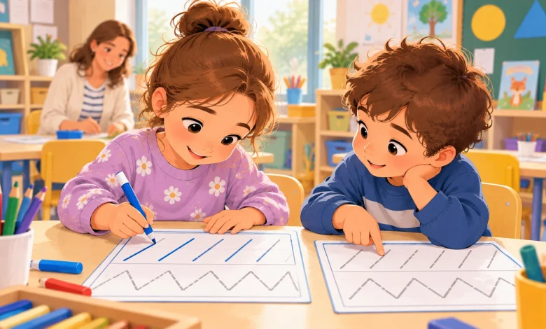 Enfant de moyenne section traçant des lignes obliques et des zigzags sur une fiche de graphisme en classe.