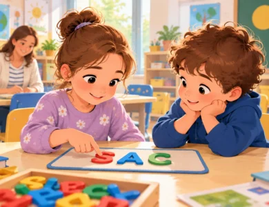 Deux enfants de grande section composent le mot SAC avec des lettres mobiles dans leur classe de maternelle.