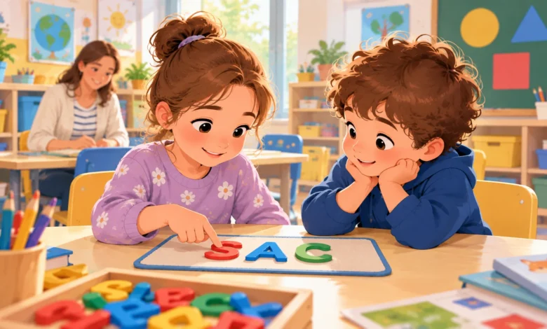 Deux enfants de grande section composent le mot SAC avec des lettres mobiles dans leur classe de maternelle.