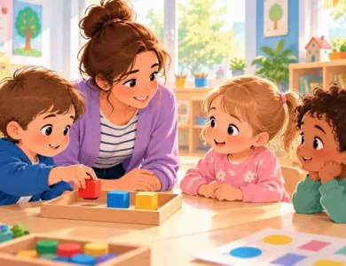 Trois enfants de maternelle observent des cubes et des formes géométriques avec leur enseignante en classe de moyenne section.