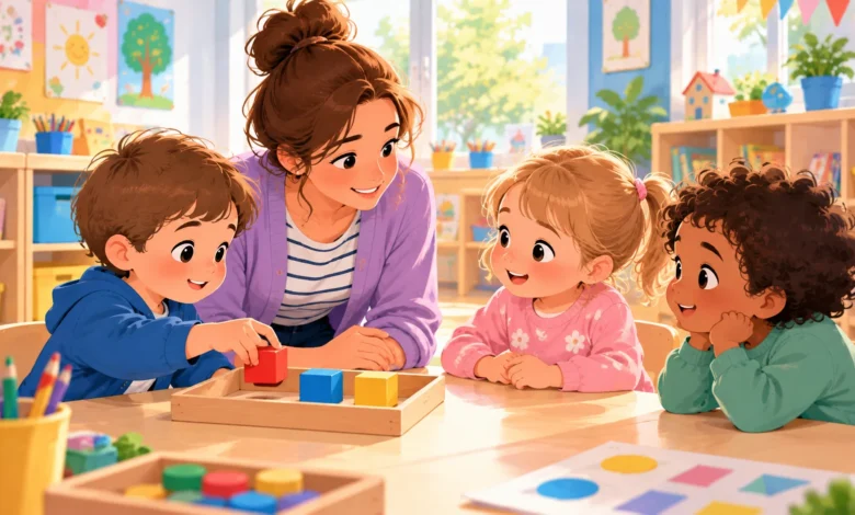 Trois enfants de maternelle observent des cubes et des formes géométriques avec leur enseignante en classe de moyenne section.