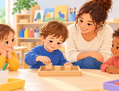 Enfants de petite section manipulant des cubes avec leur enseignante en classe de maternelle