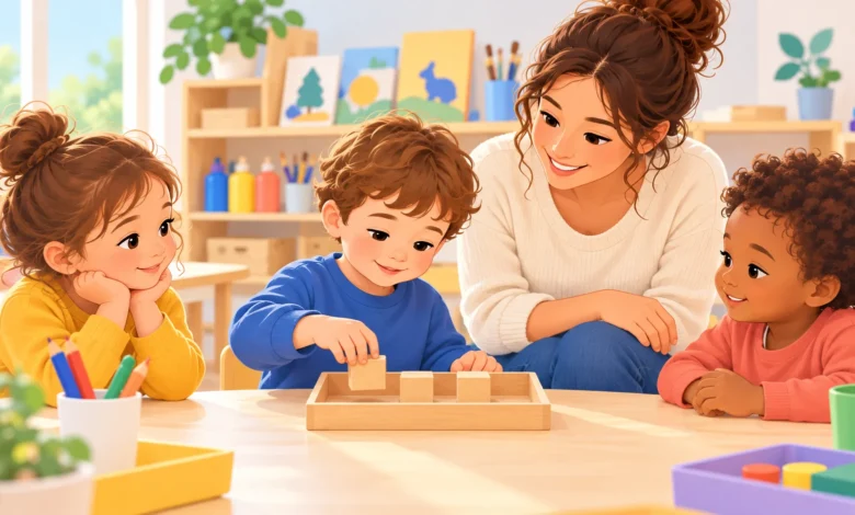 Enfants de petite section manipulant des cubes avec leur enseignante en classe de maternelle