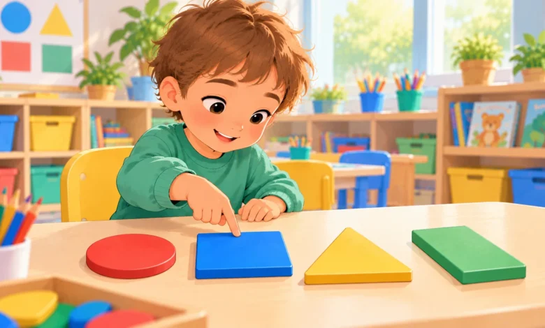Enfant de petite section montrant un carré parmi un rond, un triangle et un rectangle dans une classe de maternelle.