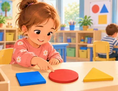 Enfant de petite section montrant un disque rond parmi un carré et un triangle sur une table de maternelle.
