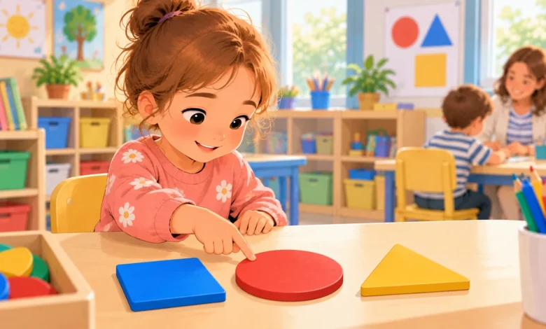 Enfant de petite section montrant un disque rond parmi un carré et un triangle sur une table de maternelle.