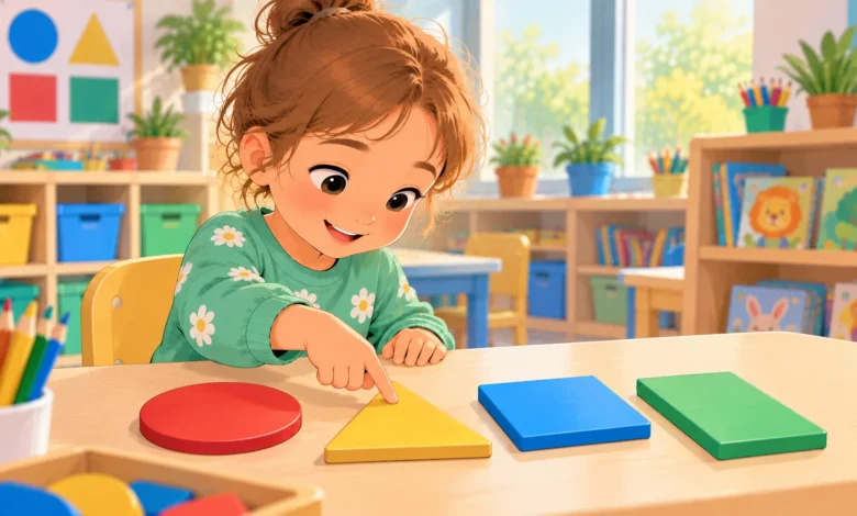 Enfant de petite section montrant un triangle jaune parmi un rond, un carré et un rectangle dans une classe de maternelle.