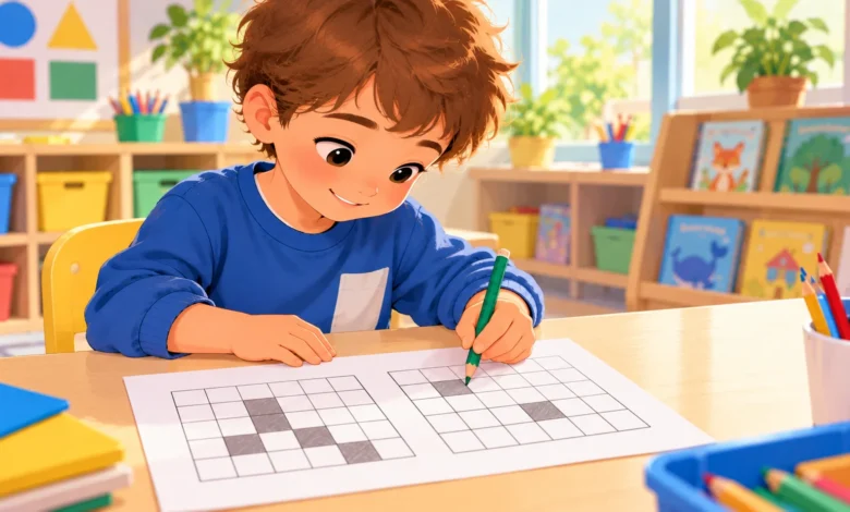 Enfant de grande section coloriant des cases sur deux quadrillages lors d’une activité de repérage spatial en classe.