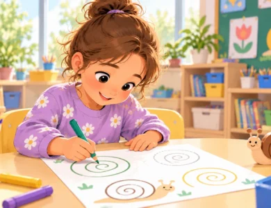 Une enfant de grande section dessine des spirales sur une feuille de graphisme dans sa classe de maternelle.