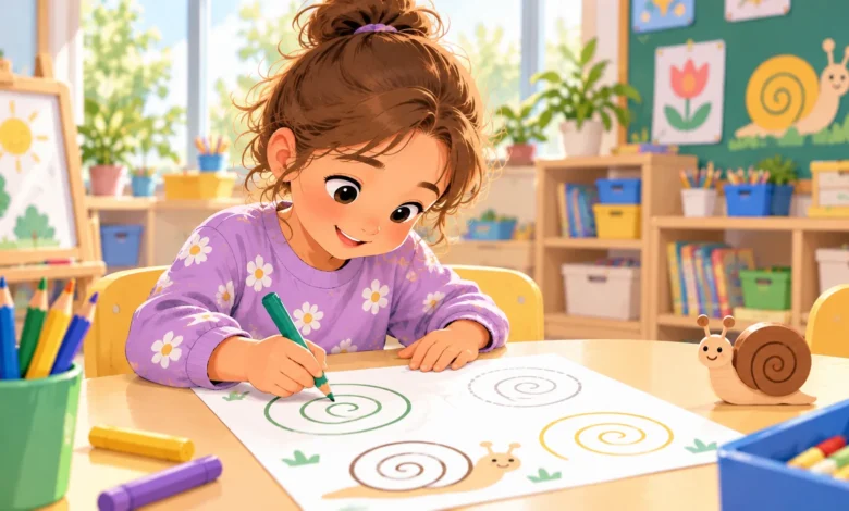 Une enfant de grande section dessine des spirales sur une feuille de graphisme dans sa classe de maternelle.