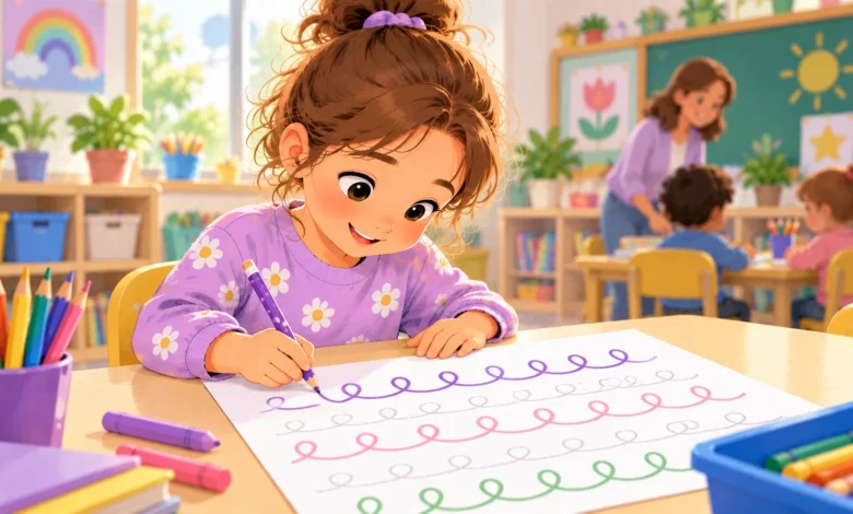 Enfant de grande section traçant des boucles enchaînées au crayon sur une feuille dans une classe de maternelle.