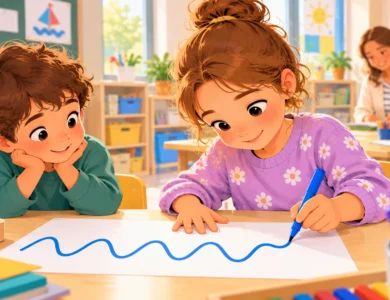 Enfant de moyenne section traçant une ligne ondulée au feutre sur une grande feuille.