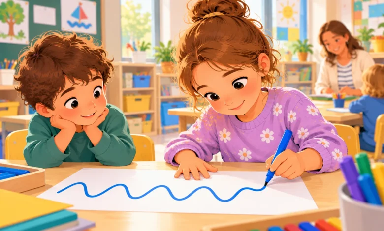 Enfant de moyenne section traçant une ligne ondulée au feutre sur une grande feuille.