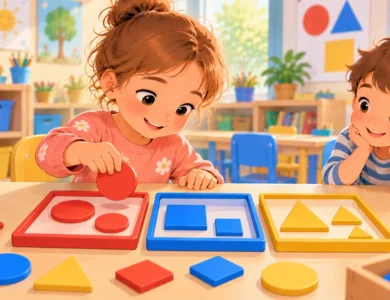Enfant de moyenne section qui trie des ronds, des carrés et des triangles en classe maternelle.