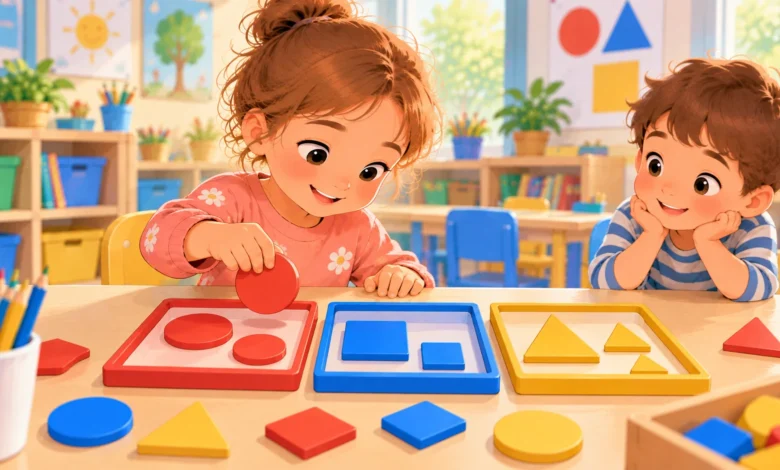 Enfant de moyenne section qui trie des ronds, des carrés et des triangles en classe maternelle.