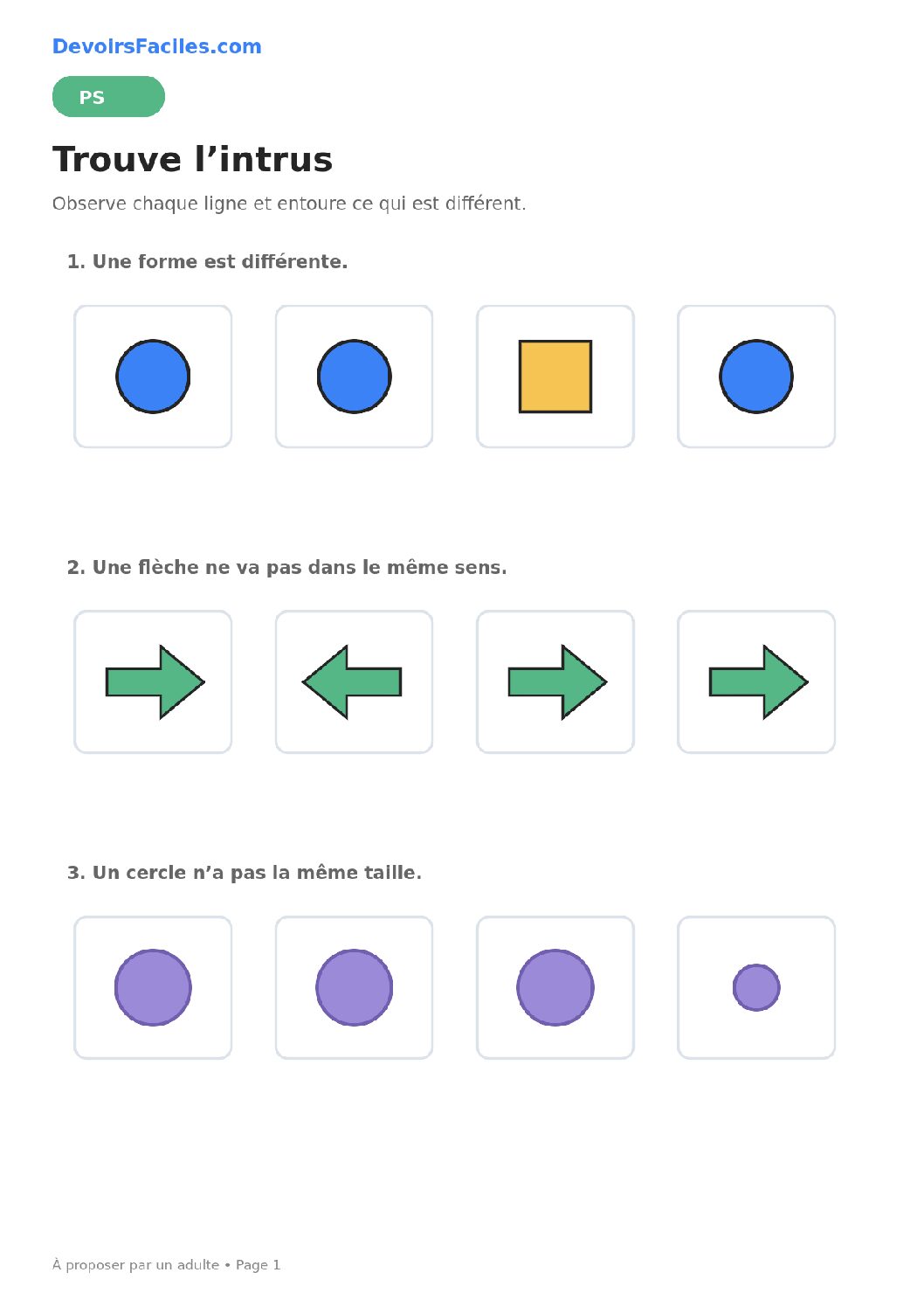 Trouver l’intrus petite section : formes, taille et orientation