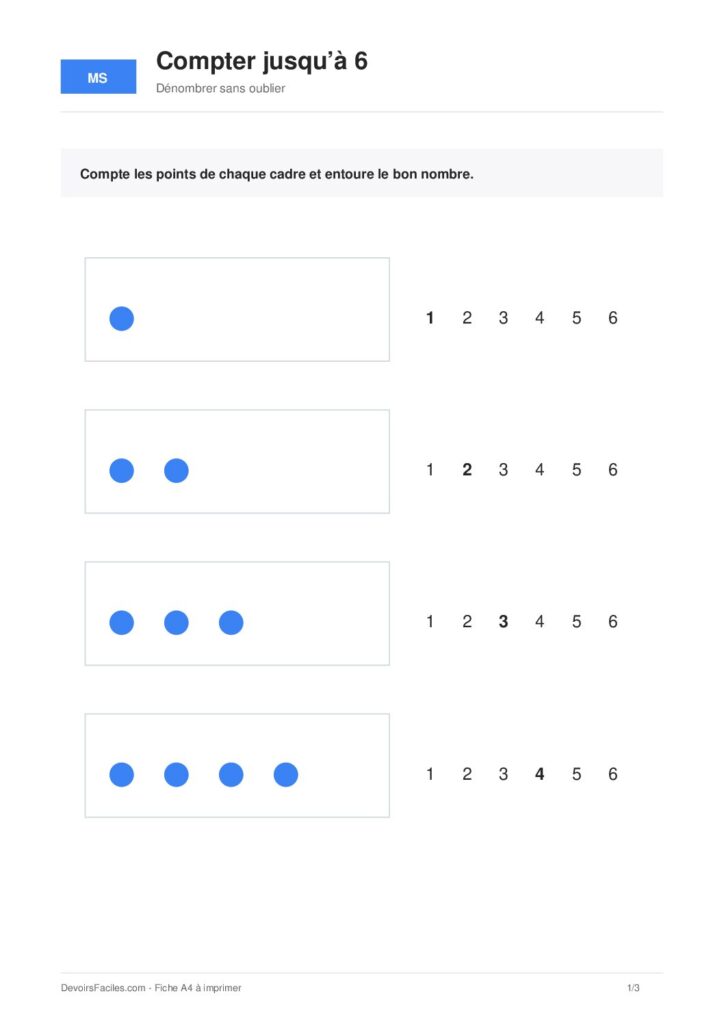 Compter jusqu’à 6 en moyenne section