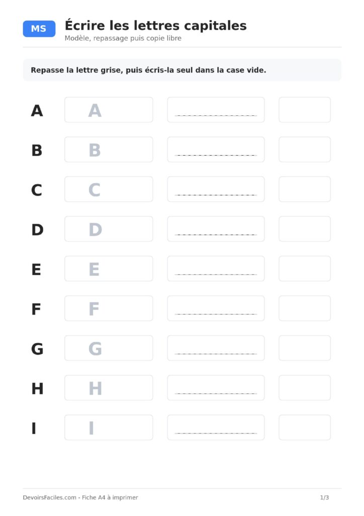 Fiche moyenne section pour écrire les lettres capitales A à Z