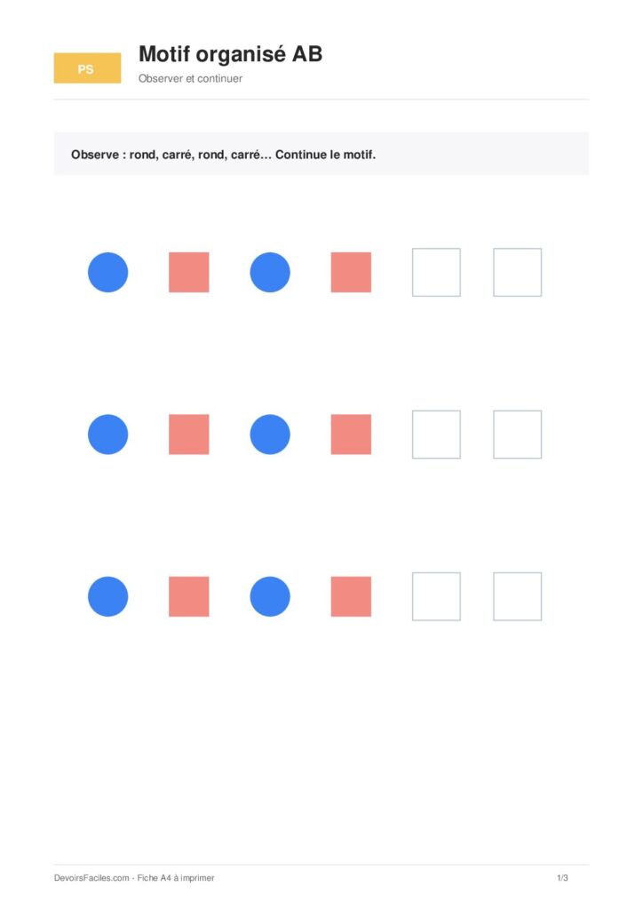 Fiche petite section motif AB algorithme simple